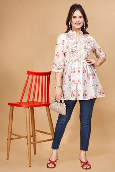 Enrich your ethnic wear collection further with the delightful elegance of this fine red kurta from Rain & Rainbow. Tailored from cotton, it features a mandarin neck, floral pattern, and is accentuated with a slip-on closure. Pair it with straight pants for a stunning look. Collar Kurti, Red Kurta, Womens Tunics, Straight Pants, Mandarin Collar, Red Floral, Pure Cotton, Womens Clothing Tops, Floral Prints