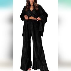 Womens Loungewear Set 2 Piece Sweatsuits Outfits Casual Pleated Long Sleeve Button Down Shirt And Palazzo Pants Chic Black Long Sleeve Set, Black Two-piece Long Sleeve Set, Chic Black V-neck Sets, Black Wide Leg Sets For Spring, Elegant Black Pants Set, Elegant Black Long Pants Set, Black Long-sleeved Pant Set For Work, Black Long Sleeve Pant Set For Workwear, Black Long Pants Sets For Spring