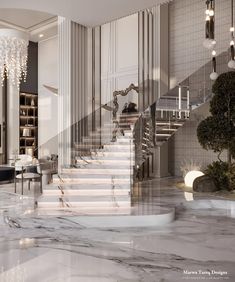 an elegant staircase with chandelier and marble floors