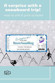 You can see a voucher in the colour white with blue lettering and a blue border. You can personalise data such as name, date, place and there is a white yeti on the snowboard. Snowboarding Gifts, Snowboarding Trip, Memories With Friends