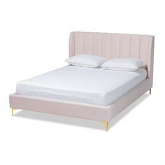 a pink bed with white sheets and pillows on it's headboard, in front of a white background