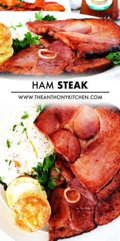 ham steak and eggs on a white plate