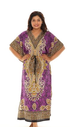 "Floral Medallion Print Elbow-Sleeve Drawstring V-Neck Caftan  Whether you're looking for an easy, effortless outfit or a statement piece to add to your wardrobe, a printed caftan is a perfect choice. It is designed to provide comfort and freedom of movement, making it ideal for hot weather or casual occasions. The loose, relaxed fit of the caftan flatters all body types and provides a comfortable and effortless look. It's relaxed silhouette and airy construction make it an ideal choice for warm Printed V-neck Tunic For Festival, Printed V-neck Festival Tunic, Purple Short Sleeve Kaftan For Beach, Festival V-neck Printed Tunic, Purple V-neck Kaftan For Beach Cover-up, Purple V-neck Kaftan For Beach, Purple V-neck Kaftan For Festival, Purple Bohemian Short Sleeve Kaftan, Purple V-neck Kaftan For Summer