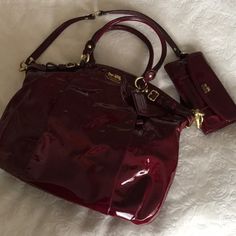 Coach | Bags | Coach Crimson Red Patent Leather Purse With Wallet | Poshmark Red Leather Wallet, Vintage Leather Bag Outfit, Cherry Red Purse, Burgundy Leather Bag, Cherry Red Bag, Red Purse Aesthetic, Red Bag Aesthetic, Dark Red Purse, Dark Red Bag