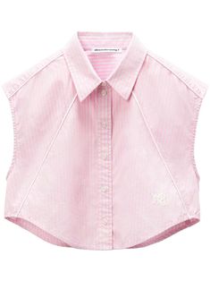 light pink cotton poplin texture pinstripe pattern classic collar front button fastening sleeveless curved hem cropped Ss25 Trends, Sleeveless Button Up Shirt, Pinstripe Pattern, Cropped Shirts, Vacation Wardrobe, Poplin Top, Mother Denim, T By Alexander Wang, 가을 패션