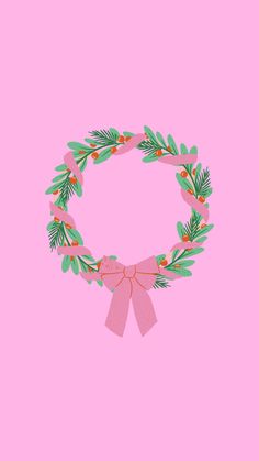 an illustration of a wreath with pink bows and green leaves on a light pink background