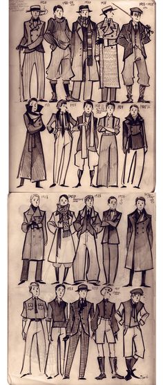 an old book with some drawings of people in different outfits and hats on it's pages