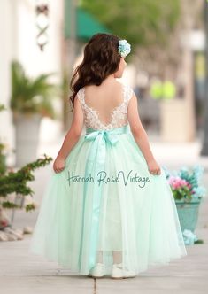 AQUA SLEEVELESS TULLE & FEATHERED LACE FLOWER GIRL DRESS - Hannahrosevintageboutique.com Mint Tulle Skirt, Lavender Flower Girl Dress, Flower Girl Hair Bows, Vintage Flower Girls, Baptism Dresses, Rustic Flower Girl, Flower Girl Dresses Vintage, Mint Flower, Rustic Flower Girl Dress