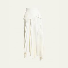 A.W.A.K.E. MODE pleated crepe maxi skirt featuring basque detail at the waist�  High rise  Side flap pockets A-line silhouette Asymmetric hem Invisible back zip  Polyester/polyurethane Lining: Viscose Dry clean Made in Poland Skirt Styling, Chic Skirts, Stylish Skirts, Cute Skirts, Asymmetric Hem, Skirt Fashion, Poland, Maxi Skirt, Midi Skirt