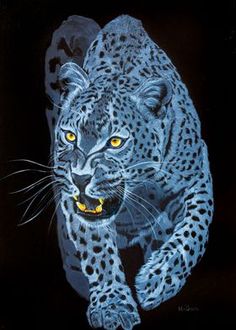 a painting of a cheetah running in the dark with its mouth open and yellow eyes