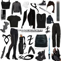 a collage of black clothing and accessories