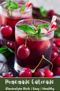 homemade gatorade with cherries and mint leaves