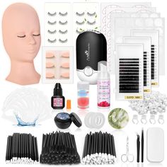 PRICES MAY VARY. [Everything Needed for Lash Extension] It came will all sorts of necessities/tools for doing complete lash extensions and this eyelash extension practice kit paired well with a plastic vanity organizer as a gift, since there are so many different kinds of tools, included plenty of mixed & classic individual lashes, mascara wands, brushes, rings for glue, lash glue & glue remover, highly precise tweezer, eyelash dryer fan, eyelash mannequin head with removable eyelids, tape, jade Lash Extensions Kit, Single Lash Extensions, Types Of Eyelash Extensions, Lash Ideas, Lash Supplies, Tech Room, Lash Mapping, Eyelash Extension Training, Hairdressing Training