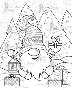 a black and white cartoon character with presents in front of christmas trees, surrounded by gifts