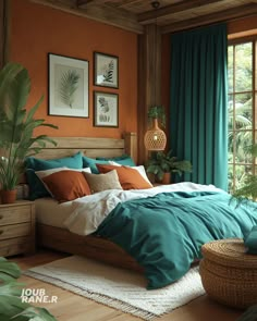 a bed room with a neatly made bed next to a window and potted plants