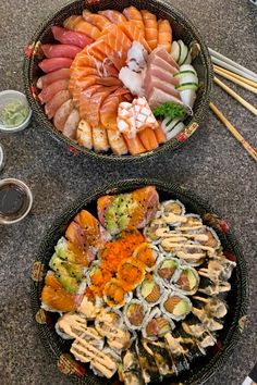 two bowls filled with different types of sushi