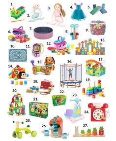 a poster with toys and numbers on it