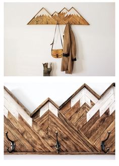 there are two pictures with wood and hooks on the wall, one has a coat rack