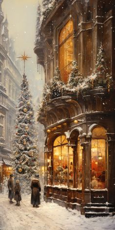 a painting of people walking in front of a christmas tree on a snowy street with buildings