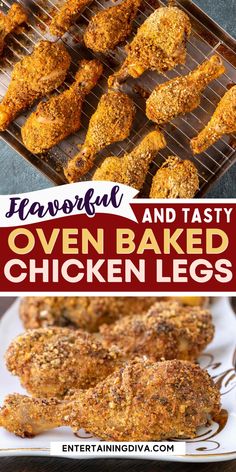 oven baked chicken legs on a baking rack with text overlay that reads easy and tasty oven baked chicken legs