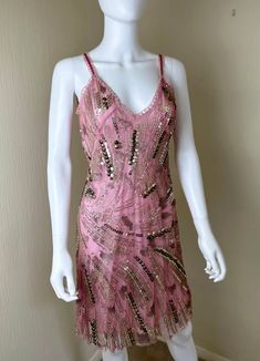 A Beautiful BLUMARINE, Ready to Wear Runway Collection pink silk and tulle V-neck, embroidered dress with metallic pearls and sequins and a lace trim around the chest. Very good condition.  French size: 38 Pink Embellished V-neck Sequin Dress, Pink Embellished Sequin Dress For Festive Occasions, Embellished Sequin Lace Dress, Festive Pink Embellished Sequin Dress, Festive Pink Sequin Dress, V-neck Embellished Sequin Dress For Festive Occasions, Spring V-neck Sequin Dress Embellished, Spring Embellished V-neck Sequin Dress, Festive V-neck Sequin Dress