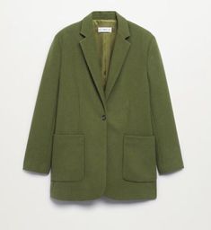 This eco-friendly blazer from Mango is perfect for the fashion-conscious woman who also cares about the environment. Made from recycled polyester, this oversized woolen blazer comes in a trendy green color and features an elegant Colonia style. It's a regular fit and is available in size XS, making it a must-have for any wardrobe. Online exclusive that is currently out of stock. Non smoking home. Green Outerwear With Welt Pockets For Fall, Green Fall Outerwear With Welt Pockets, Trendy Green Winter Blazer, Chic Green Wool Outerwear, Casual Green Oversized Blazer, Spring Business Green Outerwear, Green Fall Blazer For Workwear, Single-breasted Green Blazer For Fall, Elegant Green Blazer With Pockets