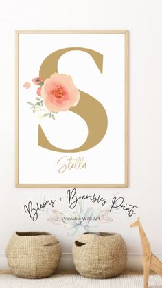 two vases are sitting on the floor in front of a framed monogrammed letter s