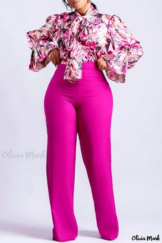 Olivia Mark - Womens Elegant Pink Casual Print Patchwork Two-Piece Set with O-Neck and Long Sleeves Long Skirt Suits, Matching Pants Set, Flower Print Top, Plus Size Two Piece, Two Piece Pants Set, Plus Size Kleidung, Womens Long Sleeve Shirts, Suit Pants, Full Figured