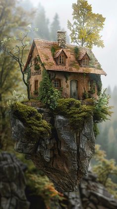 a house sitting on top of a rock in the middle of a forest with lots of trees