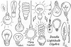 doodle lightbulb clipart with different types of bulbs and lightshades