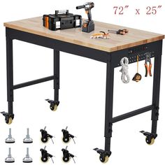 a workbench with various tools on it and the measurements for each table top