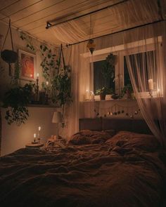 an unmade bed in a dimly lit room with plants on the window sill