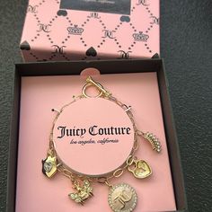 Brand New Juicy Couture Gold Charm Bracelet Chunky Charm Bracelet, Juicy Couture Charms Bracelet, Juicy Couture Bracelet, Puffy Heart Charms, Silver Heart Bracelet, Juicy Couture Charms, Juicy Couture Jewelry, Gold Charm Bracelet, Rhinestone Bow