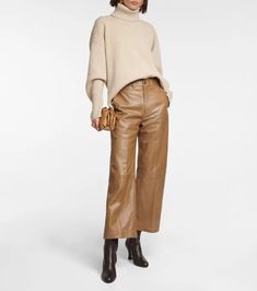 Ralph Lauren High-Rise Wide-Leg Leather Pants In Beige - 40% Off | Editorialist Brown Leather Pants Outfit, Leather Trousers Outfit, Brown Leather Pants, White Wide Leg Pants, Leather Pants Outfit, Leg Pants Outfit, Cropped Wide Leg Pants, Ralph Lauren Pants, 가을 패션