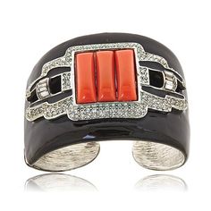 Kenneth Jay Lane Coral Deco Cuff Bracelet in Black enamel hinged Luxury Enamel Cuff Bracelet, Elegant Enamel Cuff Bracelet For Formal Occasions, Luxury Enamel Cuff Bracelet Bangle, Luxury Enamel Cuff Bangle Bracelet, Luxury Enamel Cuff Bangle, Channel Setting, Art Deco Jewelry, Kenneth Jay Lane, Leather Cuffs