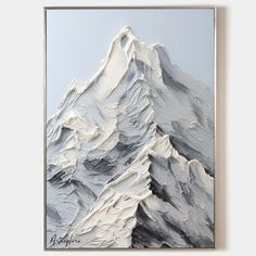 a painting of a mountain with white and gray paint on it's face, in front of a light blue sky