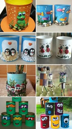 many different pictures of colorful pots with faces on them and one is made out of toilet paper