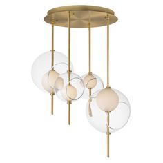 three lights hanging from a ceiling fixture with glass globes and brass fixtures on the sides