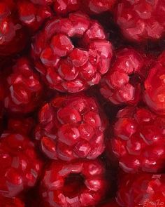 an oil painting of red raspberries