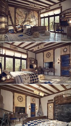 this is an image of a bedroom in a house that has been constructed into a pirate ship