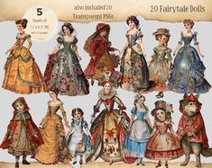 an old fashion illustration with many different dresses and hats for women in victorian era clothing