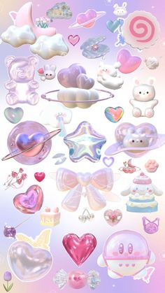 a bunch of different types of items on a blue and pink background with stars, clouds, hearts, and other objects