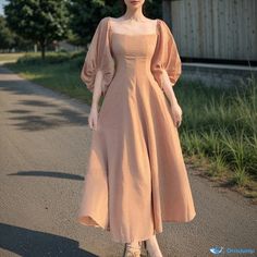 Orcajump - Vintage-Inspired Palace Neck Puff-Sleeve Princess Dress in Khaki - Elegant and Charming Princess Cut Dress, Asian Style Dress, Sewing Clothes Women, Modest Dresses Casual, Cut Dress, Girly Dresses, Square Neck Dress, Princess Outfits, Bubble Sleeve