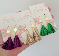 "Mardi Gras Earrings, Mardi Gras Jewelry, Fringe Tassel, Tinsel Tassel Earrings, Statement Earrings, Mardi Gras Accessories, Fringe Earrings Choose color in drop down. Earrings measure approx 2\". Perfect for Mardi Gras! Giftbox included." Adjustable Tassel Jewelry For Festive Occasions, Festive Tassel Drop Earrings, Celebration Jewelry With Tassels, Celebration Tassel Jewelry, Dangle Tassel Earrings For Celebration, Festive Dangle Tassel Earrings With Latkans, Adjustable Gold Tassel Earrings For Party, Green Tassel Earrings With Latkans For Gifts, Fringe Drop Tassel Earrings As Gift