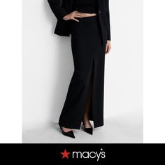 in stock Fitted Black Maxi Skirt For Work, Black Pencil Maxi Skirt For Office, Classic Black Maxi Skirt For Work, Classic Fitted Black Maxi Skirt, Fitted Black Classic Maxi Skirt, Elegant Black Maxi Skirt For Office, Classic Black Maxi Skirt For Formal Occasions, Chic Black Skirt Suit For Spring, Black Fitted Skirt Suit For Night Out