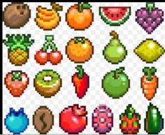 an image of different fruits and vegetables in pixel art style, transparent png clipart