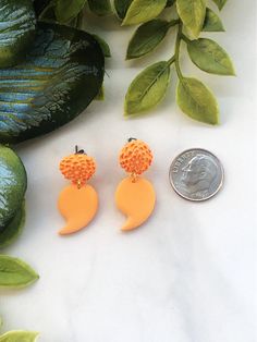 two orange earrings sitting on top of a table next to a coin and green leaves