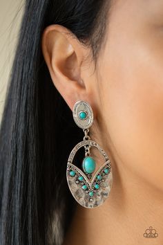 Rippling with hammered silver textures, a turquoise stone dotted frame swings from the bottom of an ornate oval frame dotted with a matching turquoise stone. A smooth turquoise stone swings from the top of the ornate frame, creating an earthy lure. Earring attaches to a standard post fitting.

 Sold as one pair of post earrings. Ornate Oval Frame, Paparazzi Accessories Jewelry, Moda Hippie, Turquoise Flowers, Alloy Earrings, Ornate Frame, Paparazzi Accessories, Oval Frame, Paparazzi Jewelry