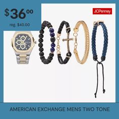 Designed with fashion and versatility in mind, this sophisticated timepiece from American exchange features a two-tone bracelet and coordinating bracelets that can be worn separately or together as a total look.# Pieces In Set: 5Number of Batteries: 1Included: 1 Watch(es), 4 Bracelet(s)Features: Comfort, Adjustable, Wear Resistant, Batteries Included, Scratch Resistant, Analog, Quick ShipJewelry Closure: Fold Over ClaspPower Source: Battery (included)Watch Movement: QuartzBand Color: Two ToneDi… Gold Adjustable Watch Accessories, Metal Analog Watches With Adjustable Fit, Adjustable Metal Analog Watches, Adjustable Analog Metal Watches, Two Tone Bracelet, Total Look, Watch Movement, Fold Over, Time Piece