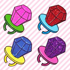 four different colored diamond shaped hair clips on a pink and white striped background with diagonal stripes